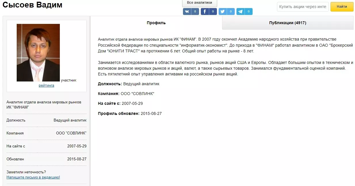Профиль трейдера Вадима Сысоева
