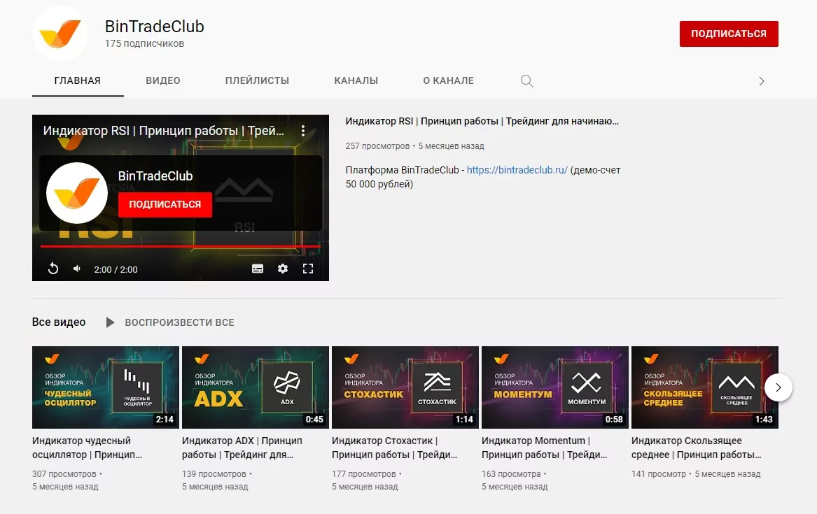 Ютуб-канал проекта BinTradeClub