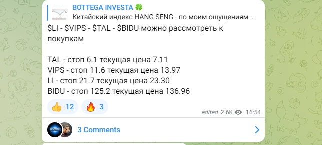 сигналы на канале Bottega Investa