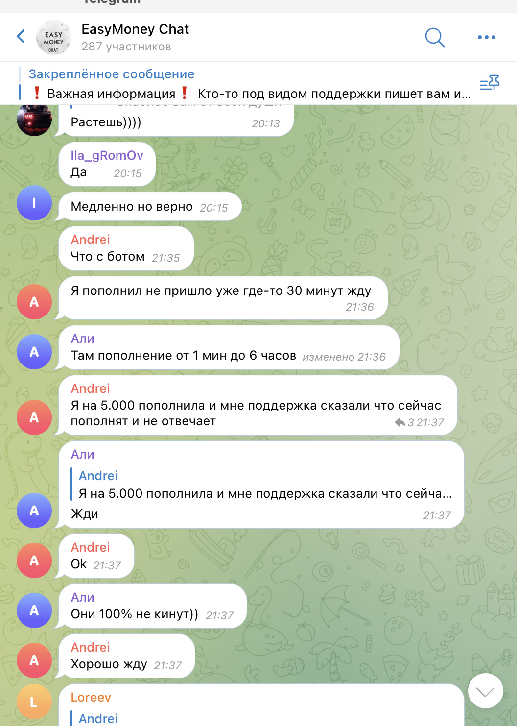 Переписка в чате Ezmoneyinvestbot